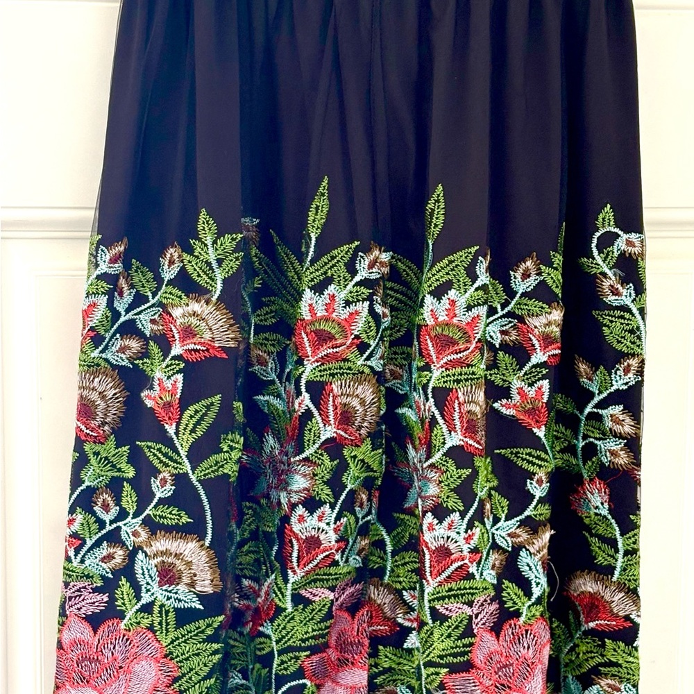 Magic Black A-Line Skirt with Vibrant Floral Embroidery
